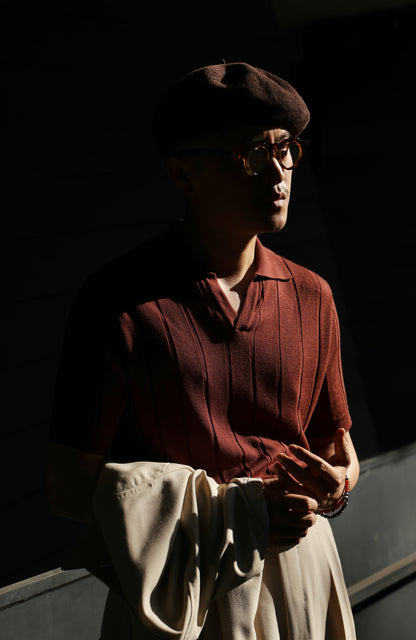 「Tramonto Caramello」Mulberry silk-cashmere blend Unisex Knit Short-Sleeve Polo Shirt