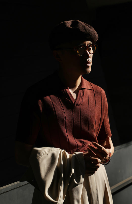 「Tramonto Caramello」Mulberry silk-cashmere blend Unisex Knit Short-Sleeve Polo Shirt