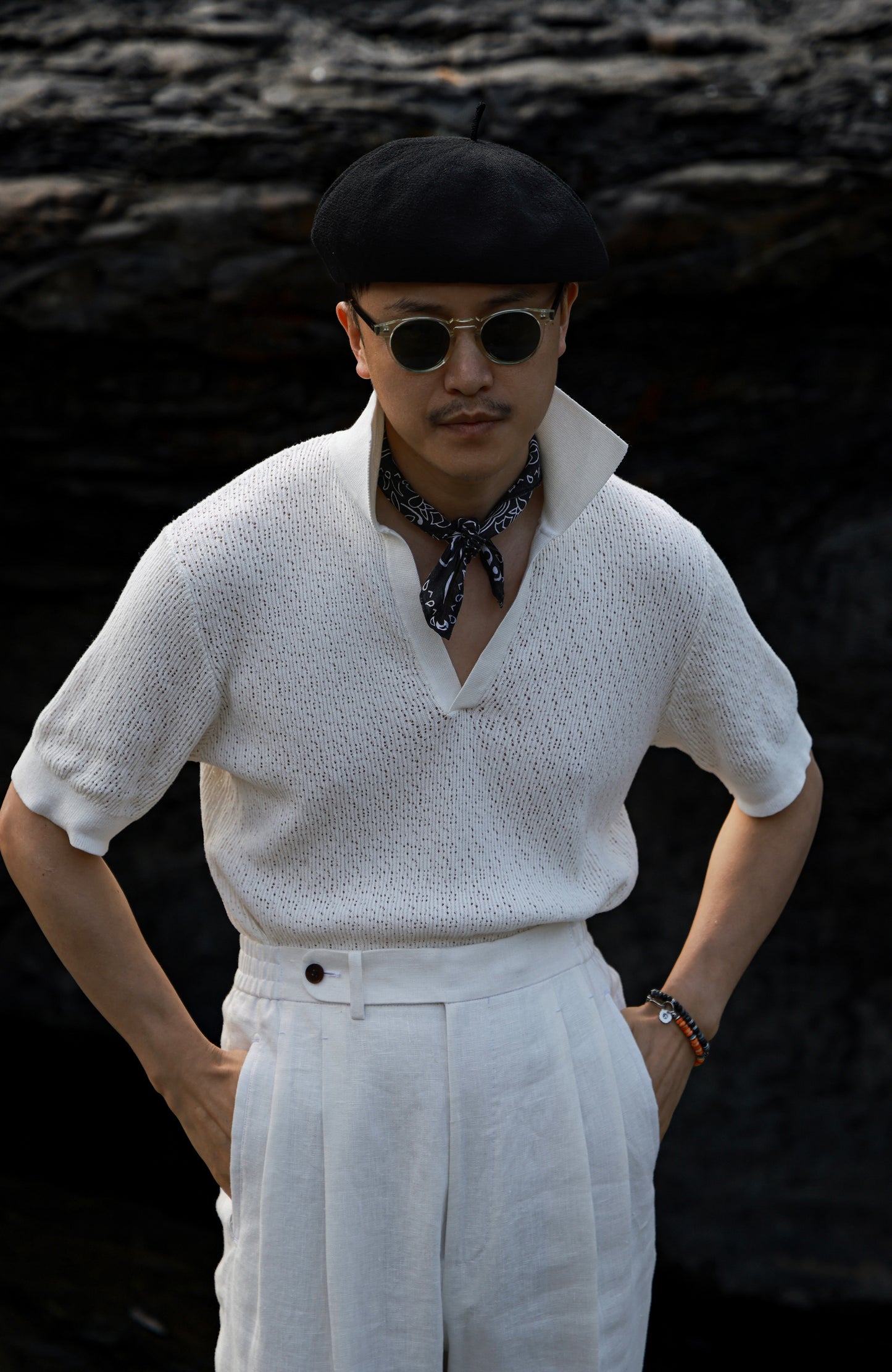 Crochet Open Collar Cotton Knitted Polo Off White