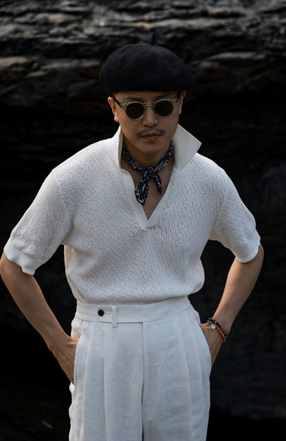 Crochet Open Collar Cotton Knitted Polo Off White