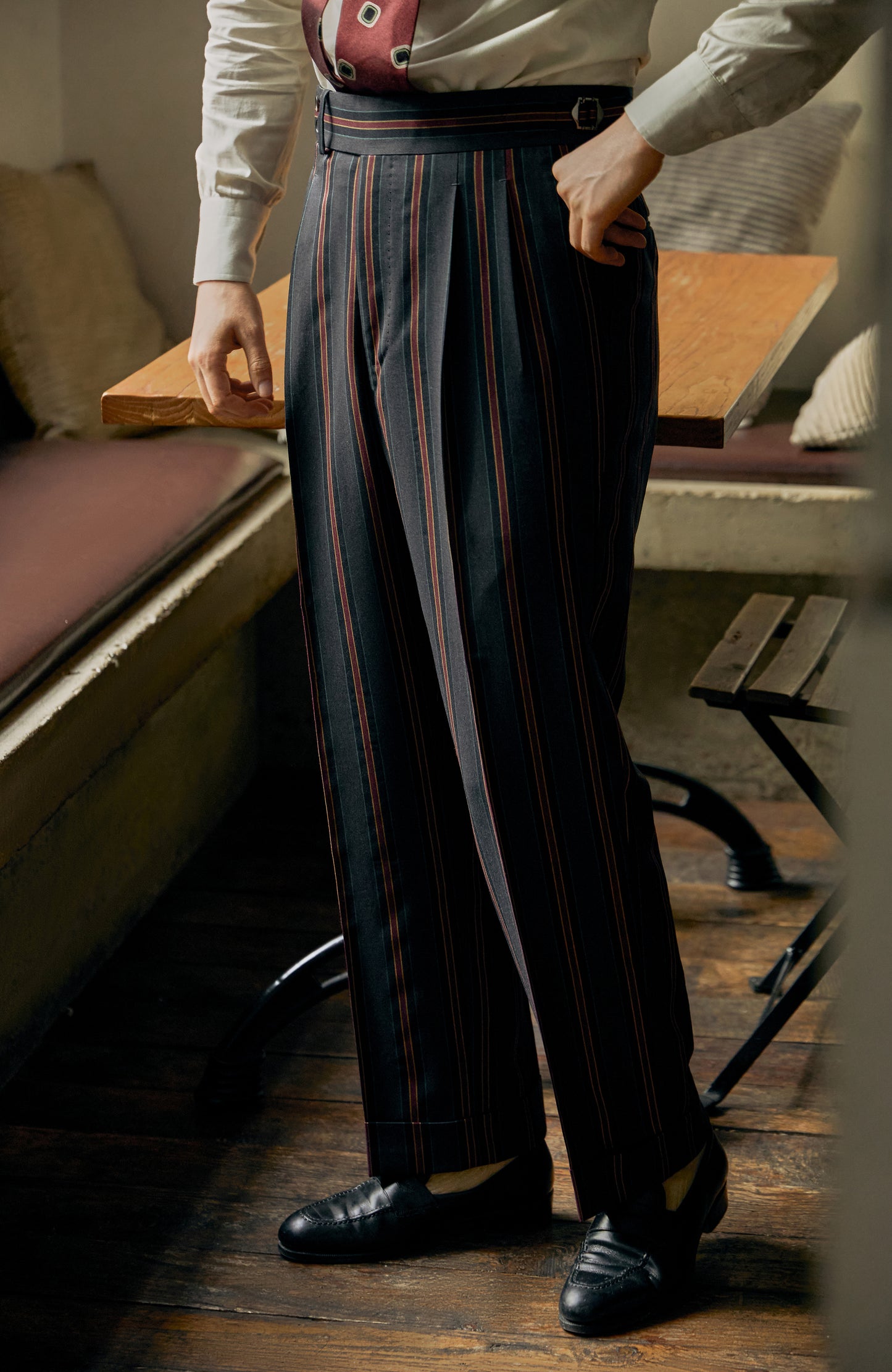 「Vintage Venetian Stripe」Suit Trousers with Italian-style Pure-wool Parisian Side Adjusters and High-Waisted