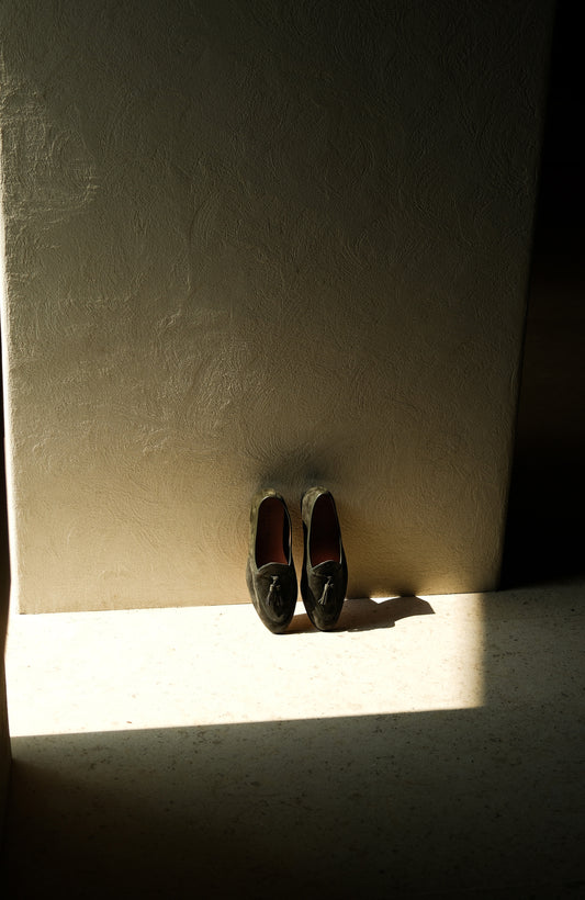 「Fir Needle Green」Belgian Suede Loafers with Calfskin Sole Blake Stitched & Italian Lambswool Lined